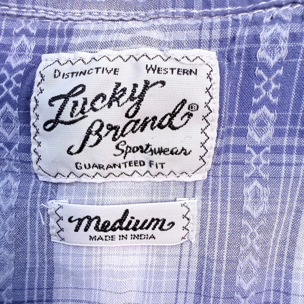 Lucky Brand Mens Blue Plaid Western Pearl Snap Shirt Embroidered Medium - Picture 4 of 9